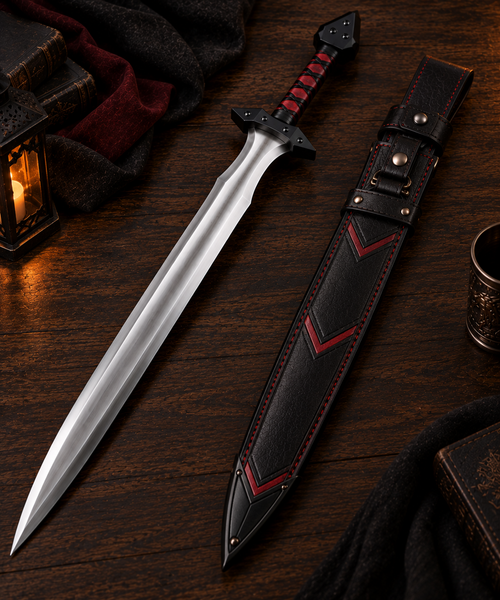 Black & Red Fantasy Longsword with Sheath – Medieval Sword Replica