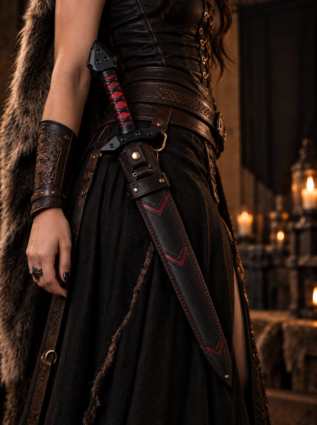 Black & Red Fantasy Longsword with Sheath – Medieval Sword Replica
