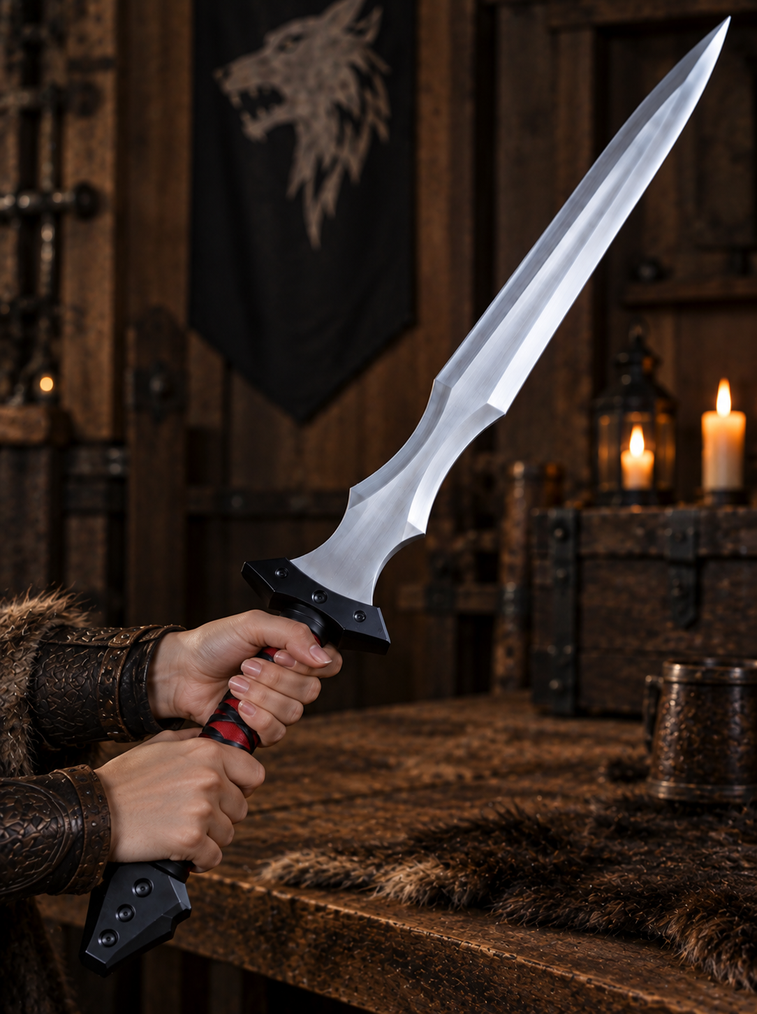 Black & Red Fantasy Longsword with Sheath – Medieval Sword Replica