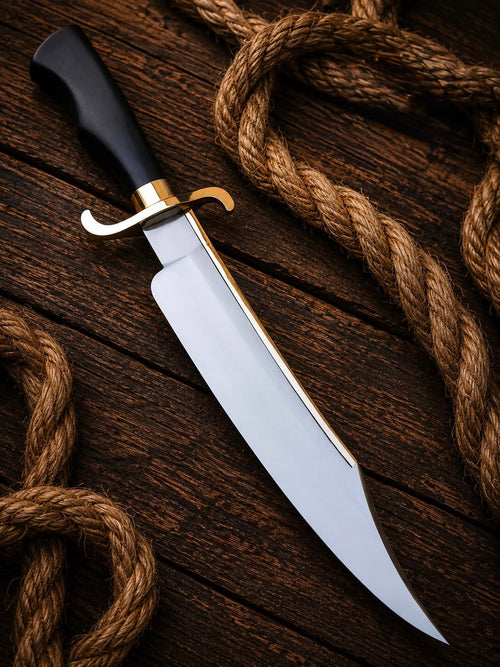 Classic Bowie Fighting Knife with Brass Guard & Black Handle – Vintage Tactical Hunting Blade