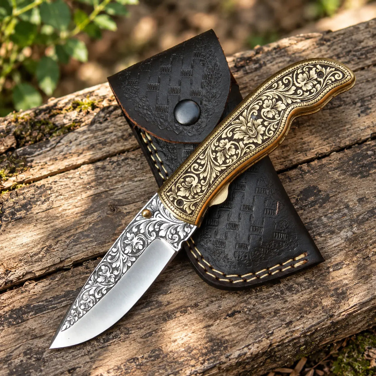Hand-Engraved D2 Steel  Pocket Knife – Gold Floral Brass Handle Lycan Handmade Style