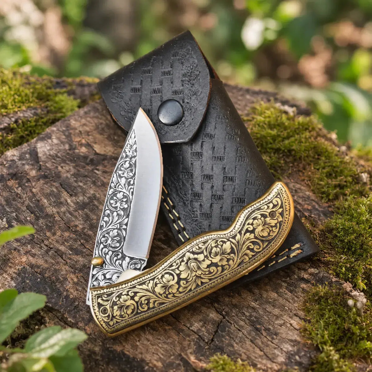 Hand-Engraved D2 Steel  Pocket Knife – Gold Floral Brass Handle Lycan Handmade Style