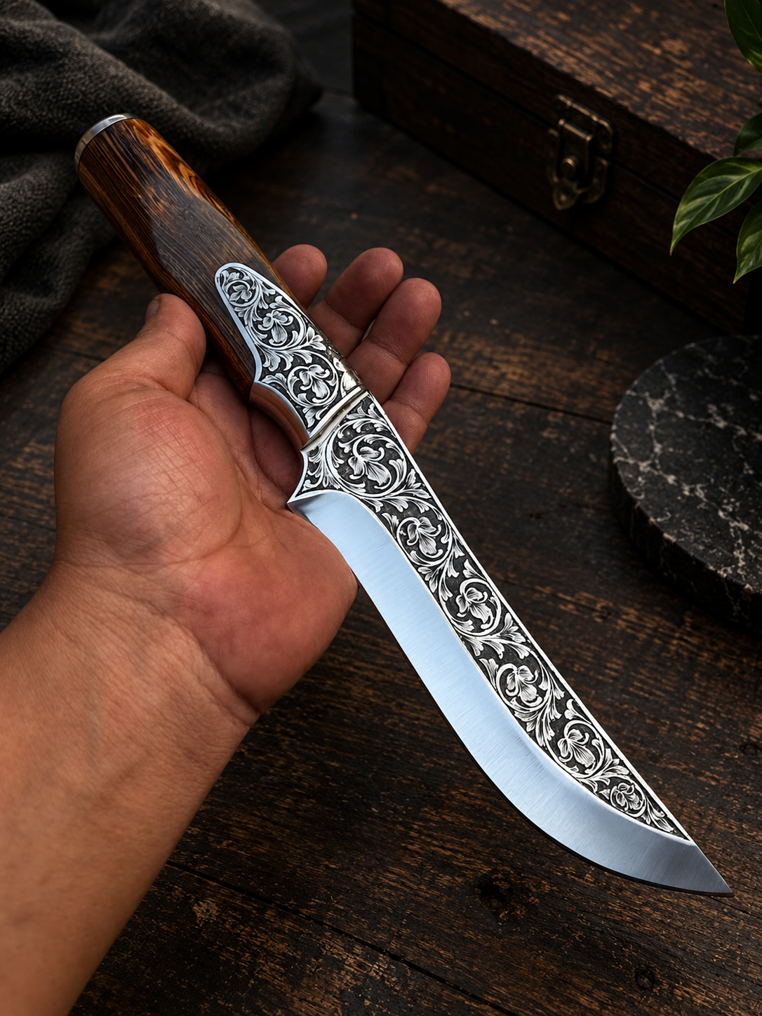Handmade Ornate Damascus Steel Hunting Knife with Engraved Blade & Wooden Handle – Luxury Gift Box