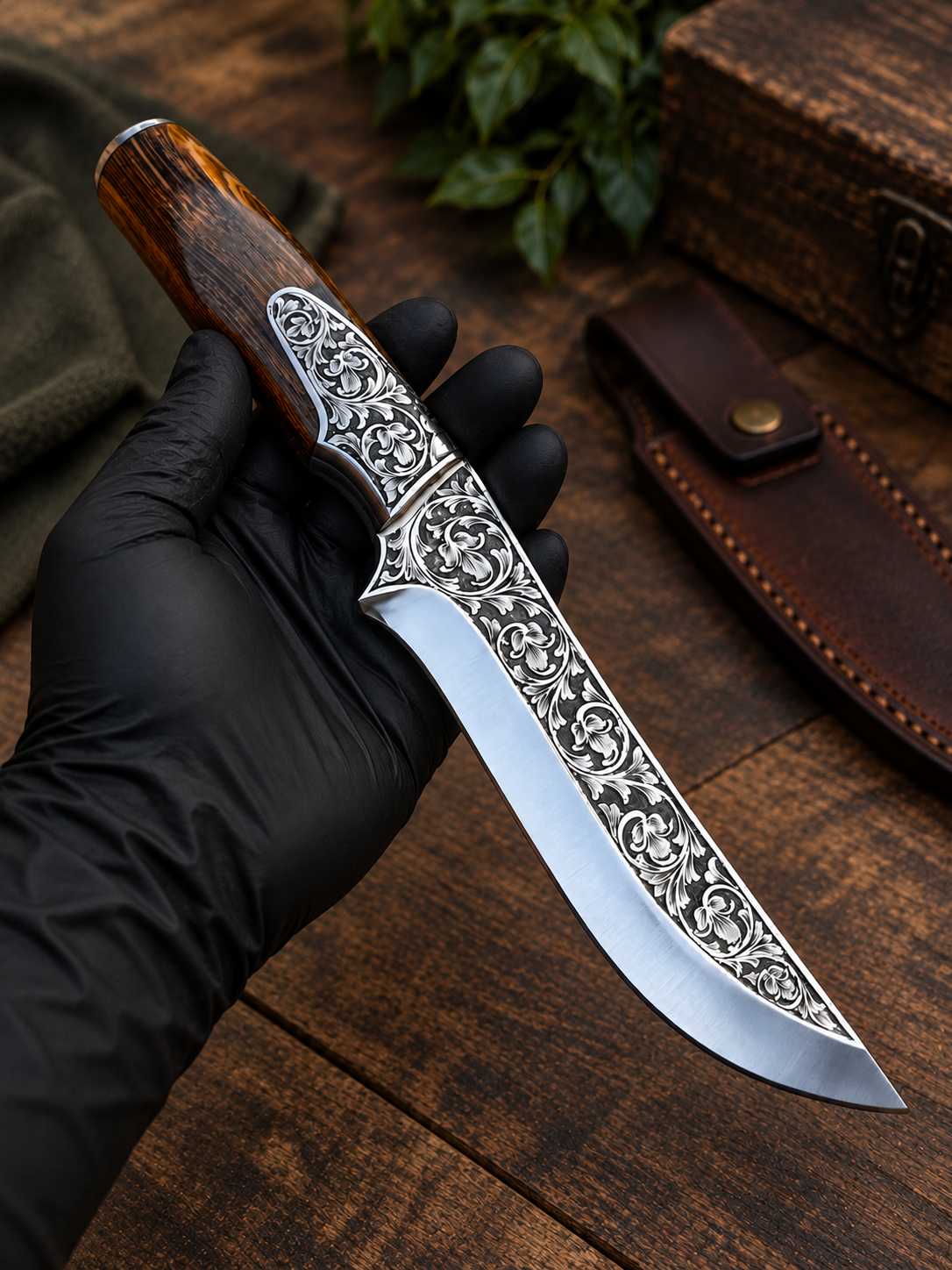 Handmade Ornate Damascus Steel Hunting Knife with Engraved Blade & Wooden Handle – Luxury Gift Box
