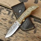 Custom luxury engraved Damascus steel pocket knife open view with gold floral carved brass handle scale and leather pouch EDC USA