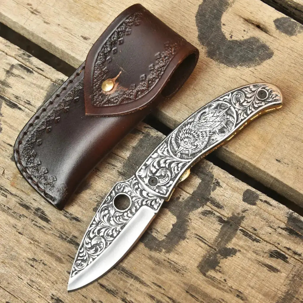 Hand Engraved Damascus Folding Knife – Custom EDC Pocket Knife Lycan Handmade Style