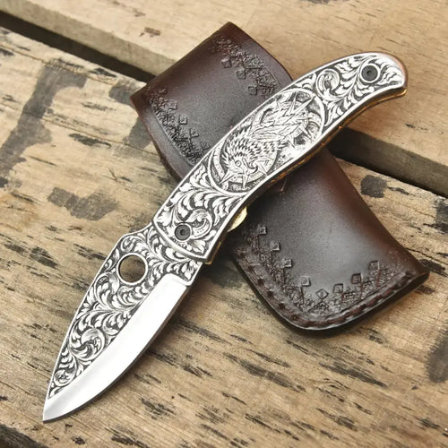Hand Engraved Damascus Folding Knife – Custom EDC Pocket Knife Lycan Handmade Style