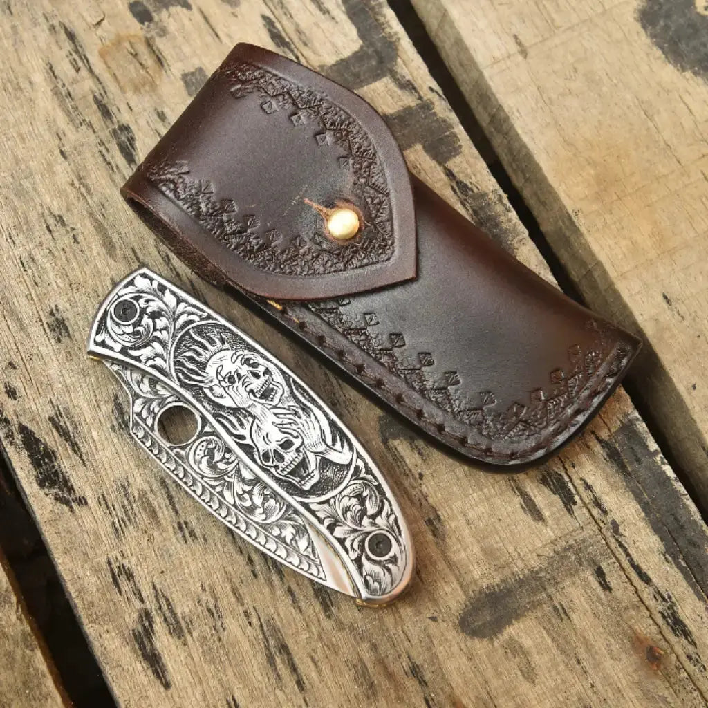 Skull Engraved Damascus Folding Knife – Gothic EDC Pocket Knife Lycan Handmade Style