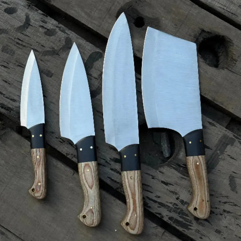 Handmade 4-Piece Carbon Steel Chef Knife Set – Natural Wood Handle Lycan Handmade Style