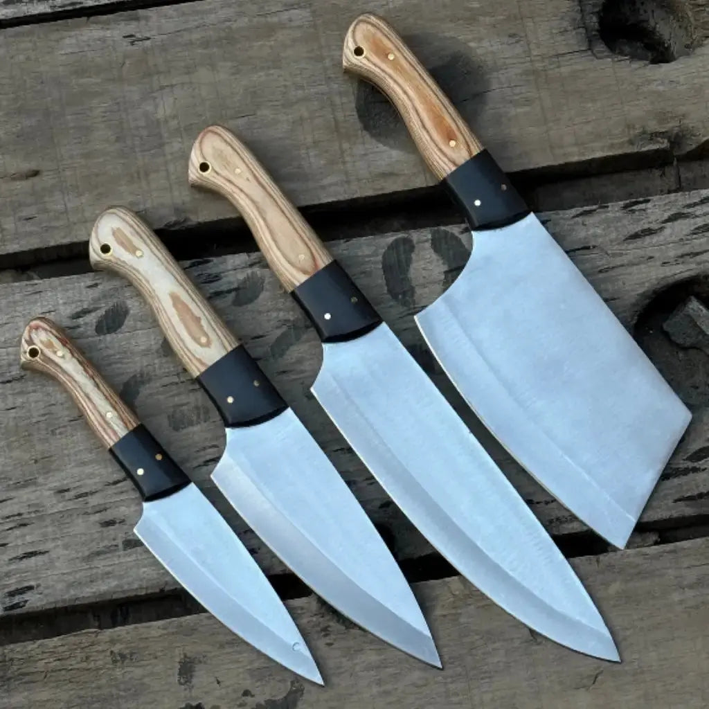 Handmade 4-Piece Carbon Steel Chef Knife Set – Natural Wood Handle Lycan Handmade Style