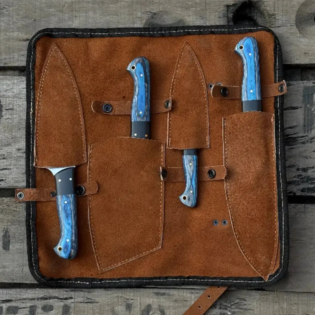 Handmade 4-Piece J2  Steel Chef Knife Set – Blue Wood Handle Lycan Handmade Style