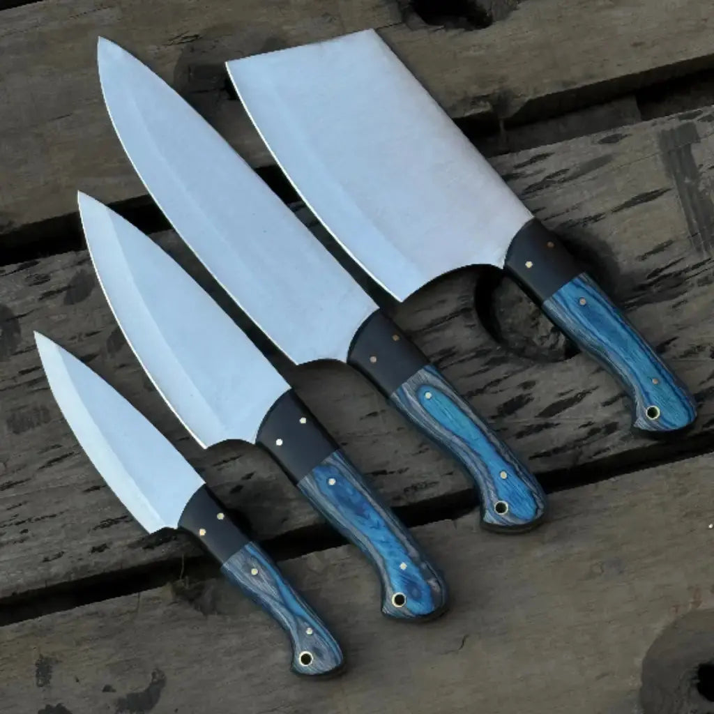 Handmade 4-Piece J2  Steel Chef Knife Set – Blue Wood Handle Lycan Handmade Style