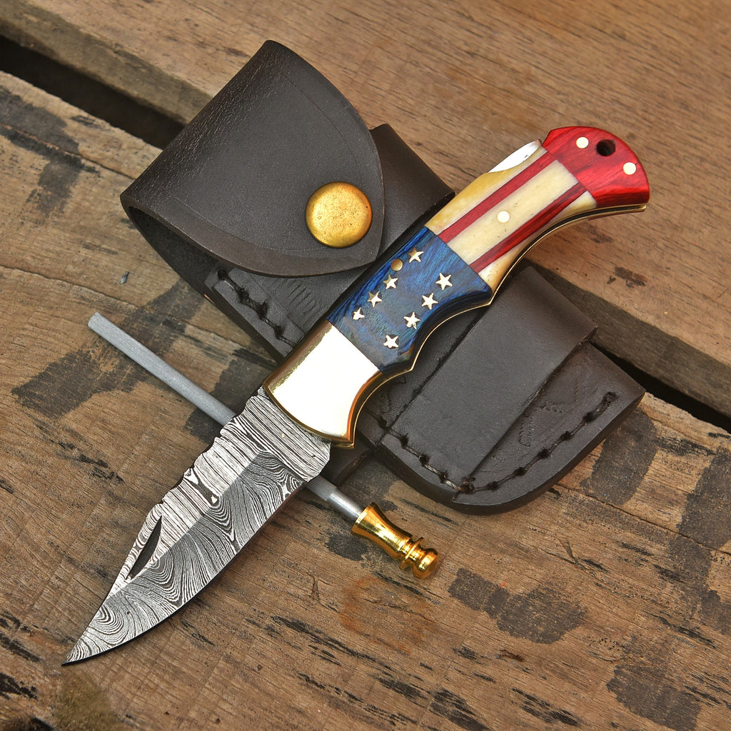 Handmade American flag folding pocket knife, patriotic EDC knife