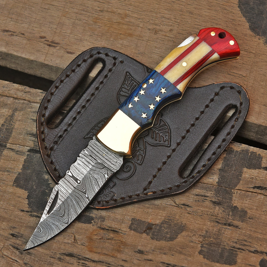 American flag folding knife blade steel detail