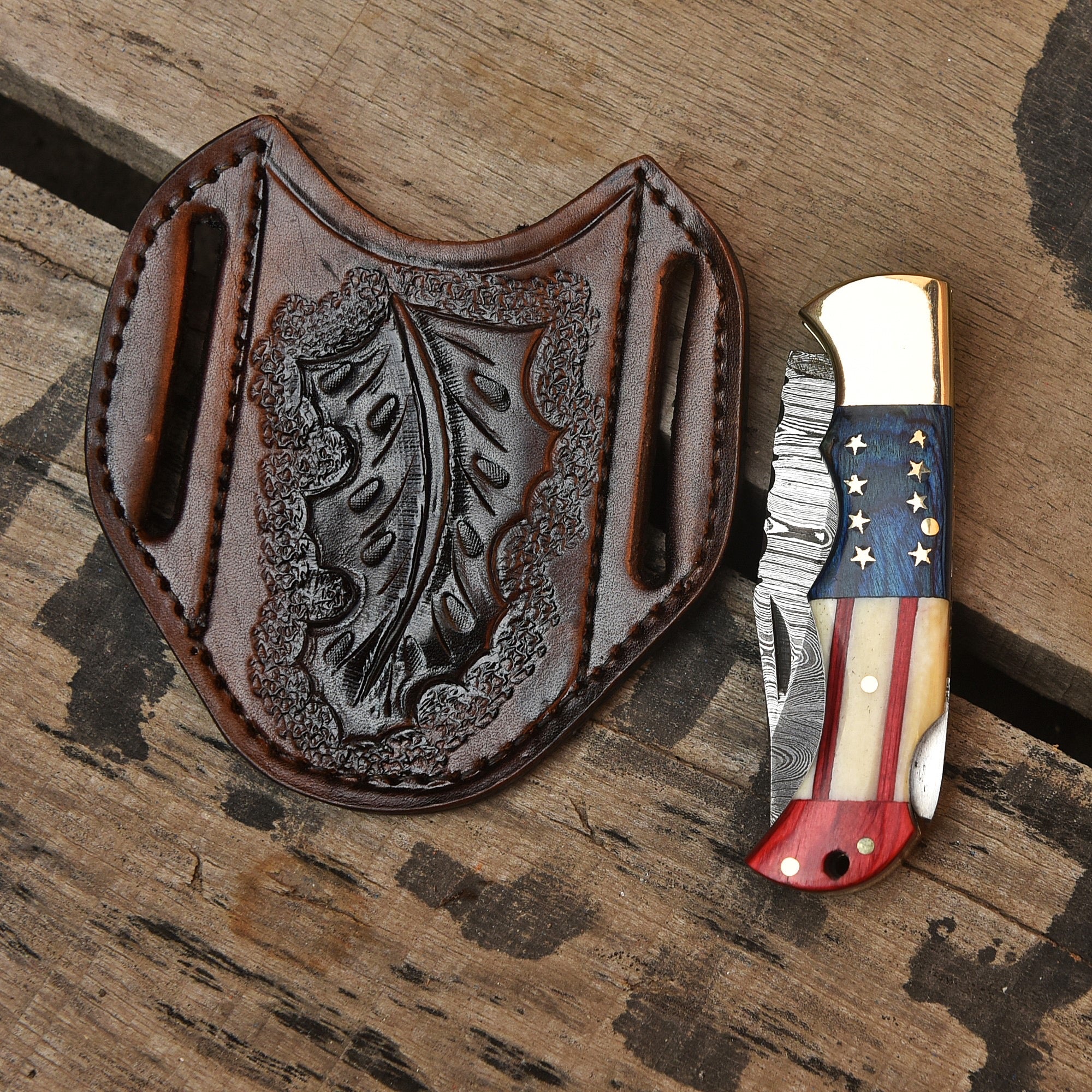 American flag folding knife with leather sheath