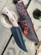 Handmade black blade hunting knife with walnut wood handle - full view