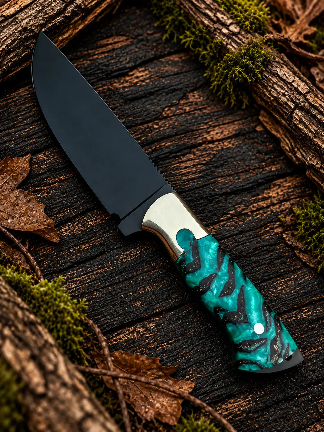 Black D2 steel skinner knife with green pinecone resin handle and leather sheath - angle 2