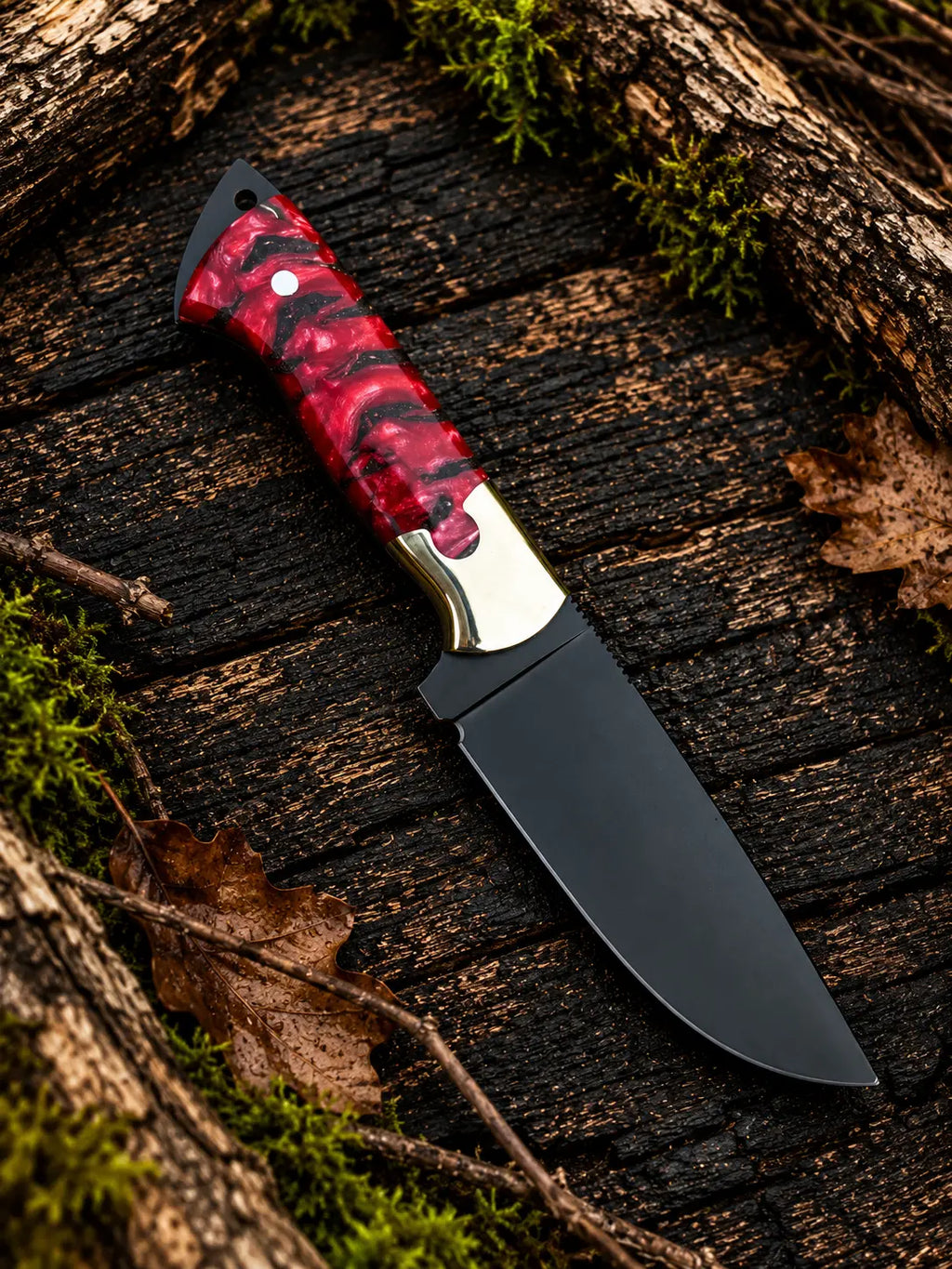 Black D2 steel skinner knife with red pinecone handle and leather sheath - angle 2