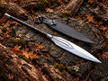 Handmade forged carbon steel spear with leaf-shaped blade, wooden handle, steel pommel and black leather sheath - full view