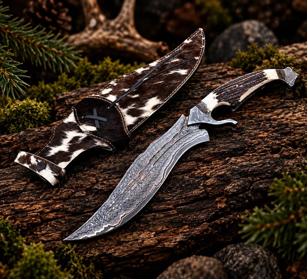 Handmade copper Damascus Bowie knife with hair-on cowhide sheath - full view