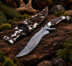 Handmade copper Damascus Bowie knife with hair-on cowhide sheath - full view
