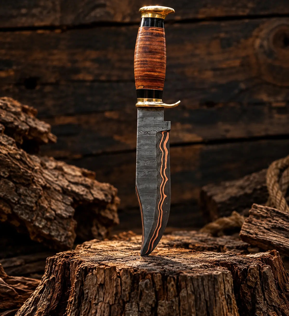 Stacked leather spacer handle with brass guard and pommel detail