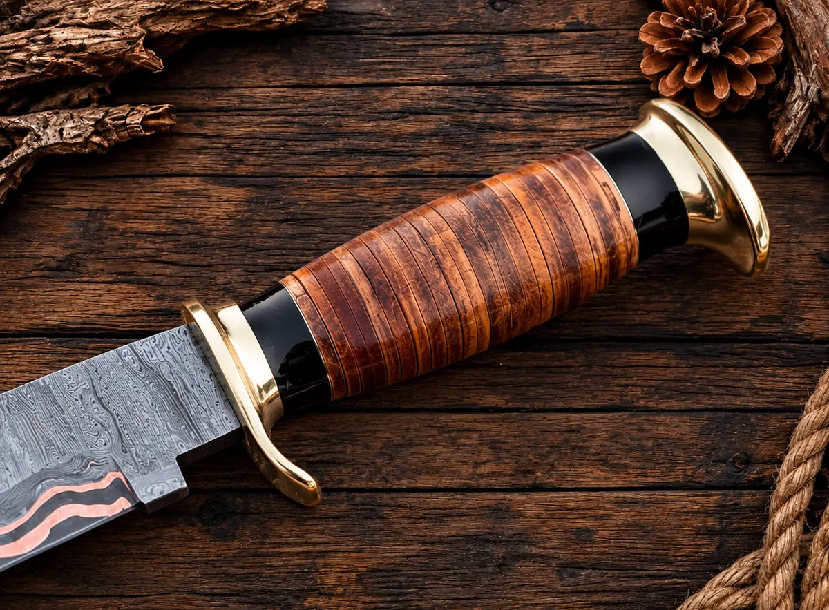 Genuine leather sheath with tooled border for copper Damascus Bowie knife