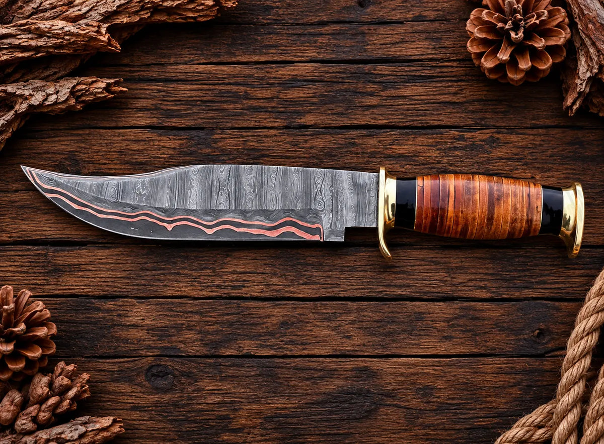 Brass pommel and leather handle detail on copper Damascus Bowie knife