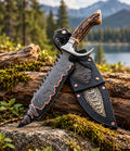 Handmade copper Damascus Bowie knife with stag handle and steel guard - full view with sheath