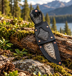 Stag antler handle and curved steel guard detail on copper Damascus Bowie knife