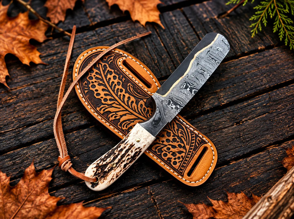 Copper Damascus bull cutter blade with copper edge lining close-up