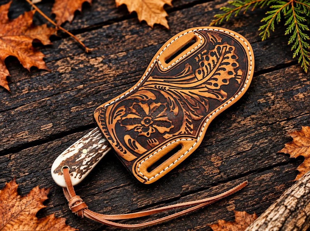 Hand-tooled floral leather sheath for copper Damascus bull cutter