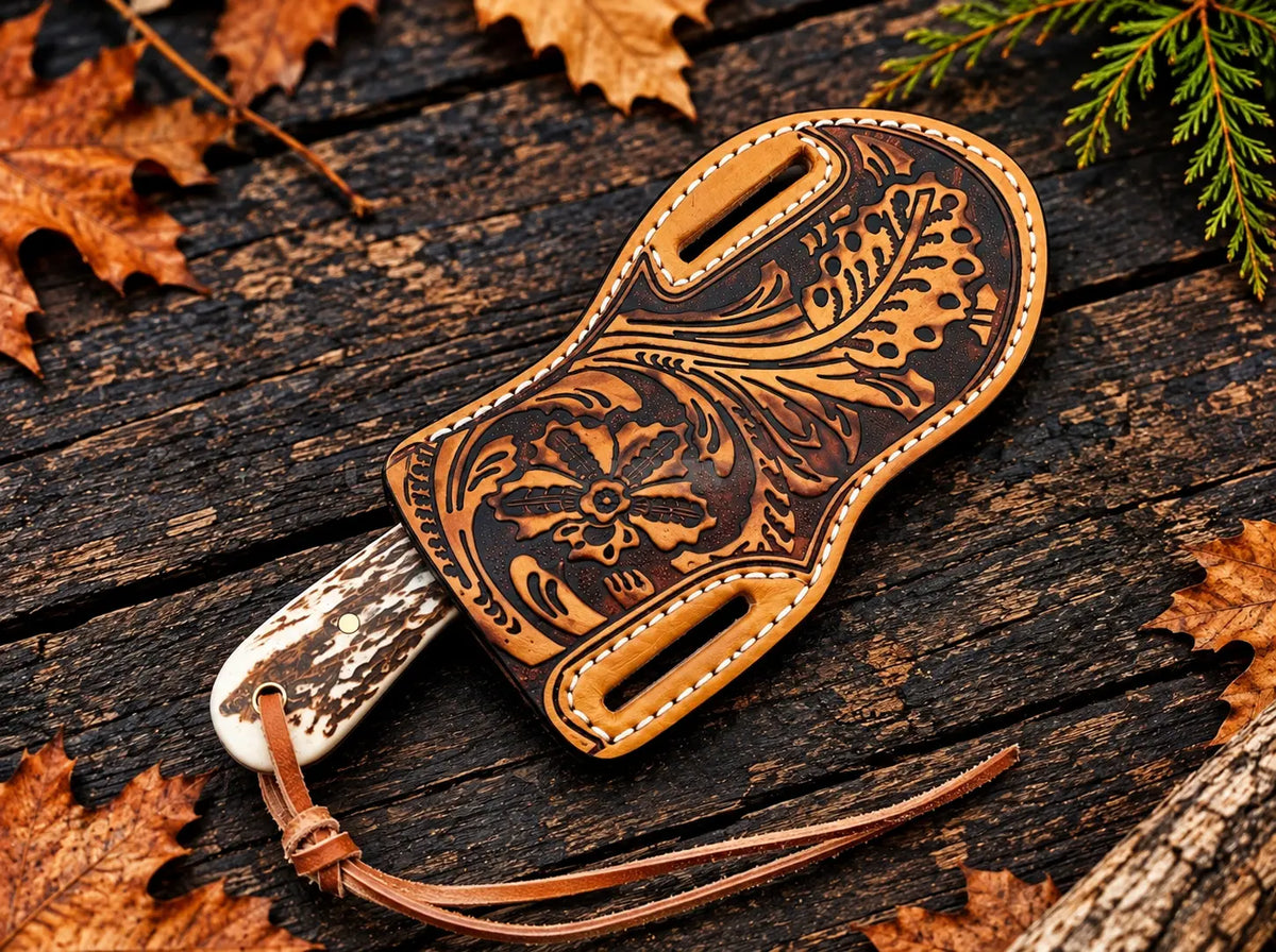 Hand-tooled floral leather sheath for copper Damascus bull cutter