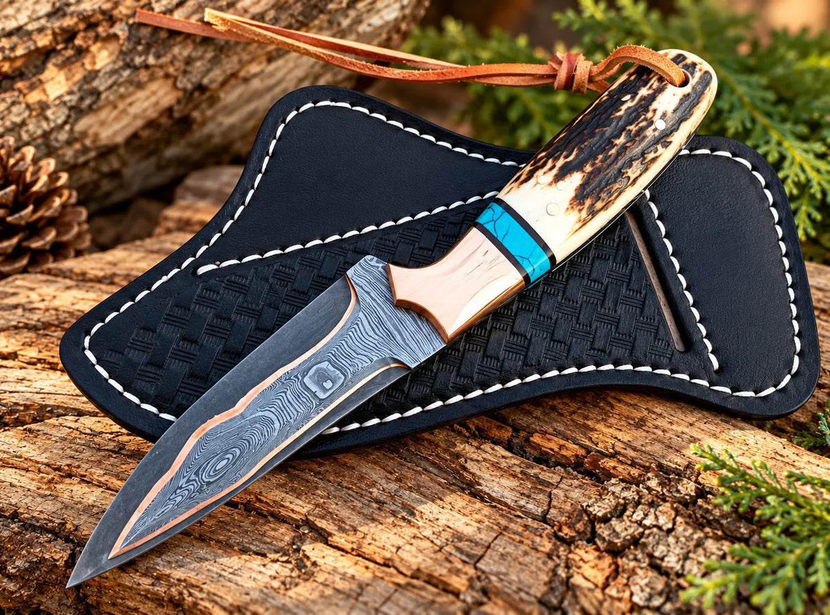 Hand-tooled black leather sheath with basketweave pattern for copper Damascus skinner knife