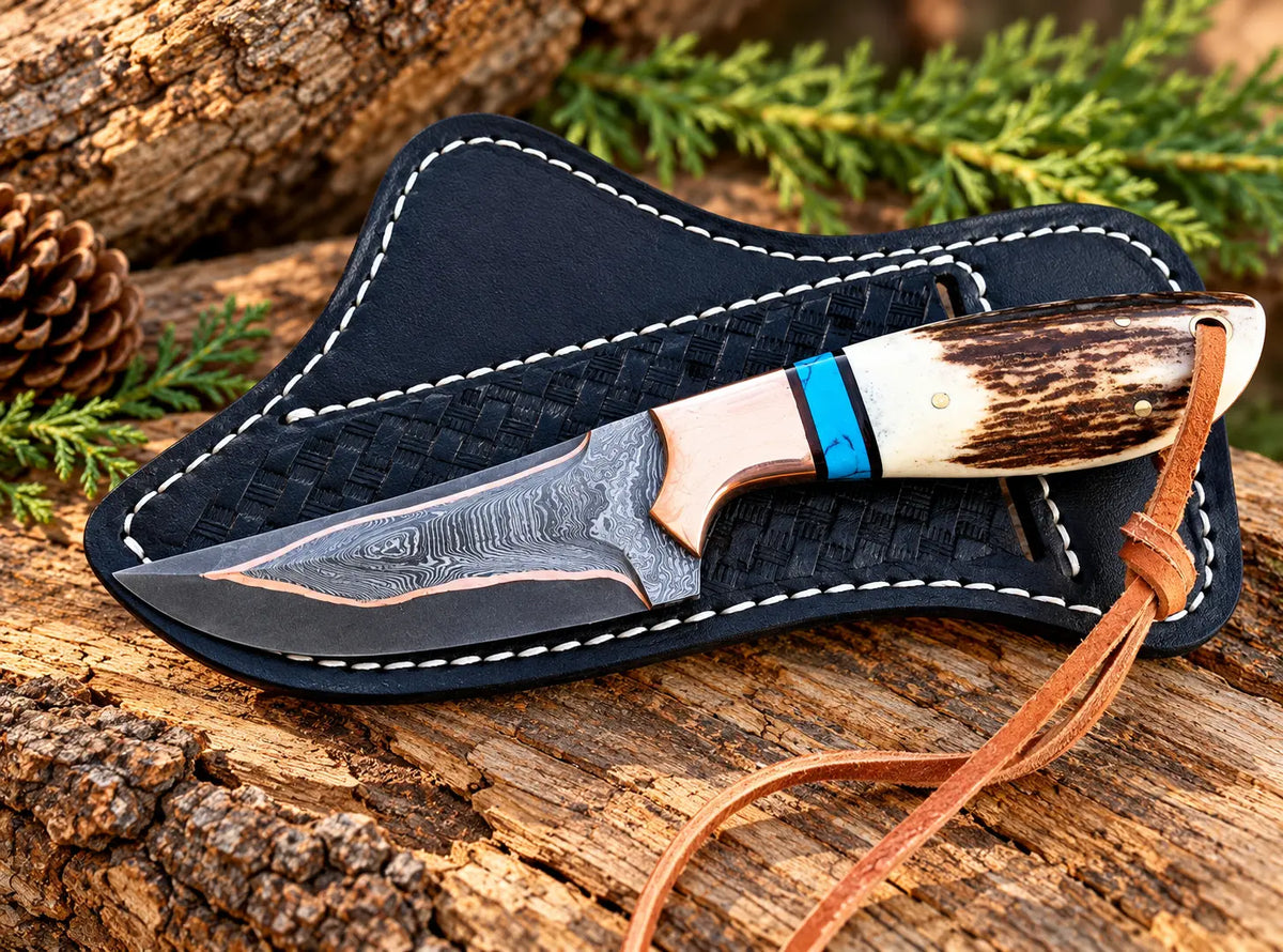 Copper Damascus cowboy skinner knife on wood background - full length view