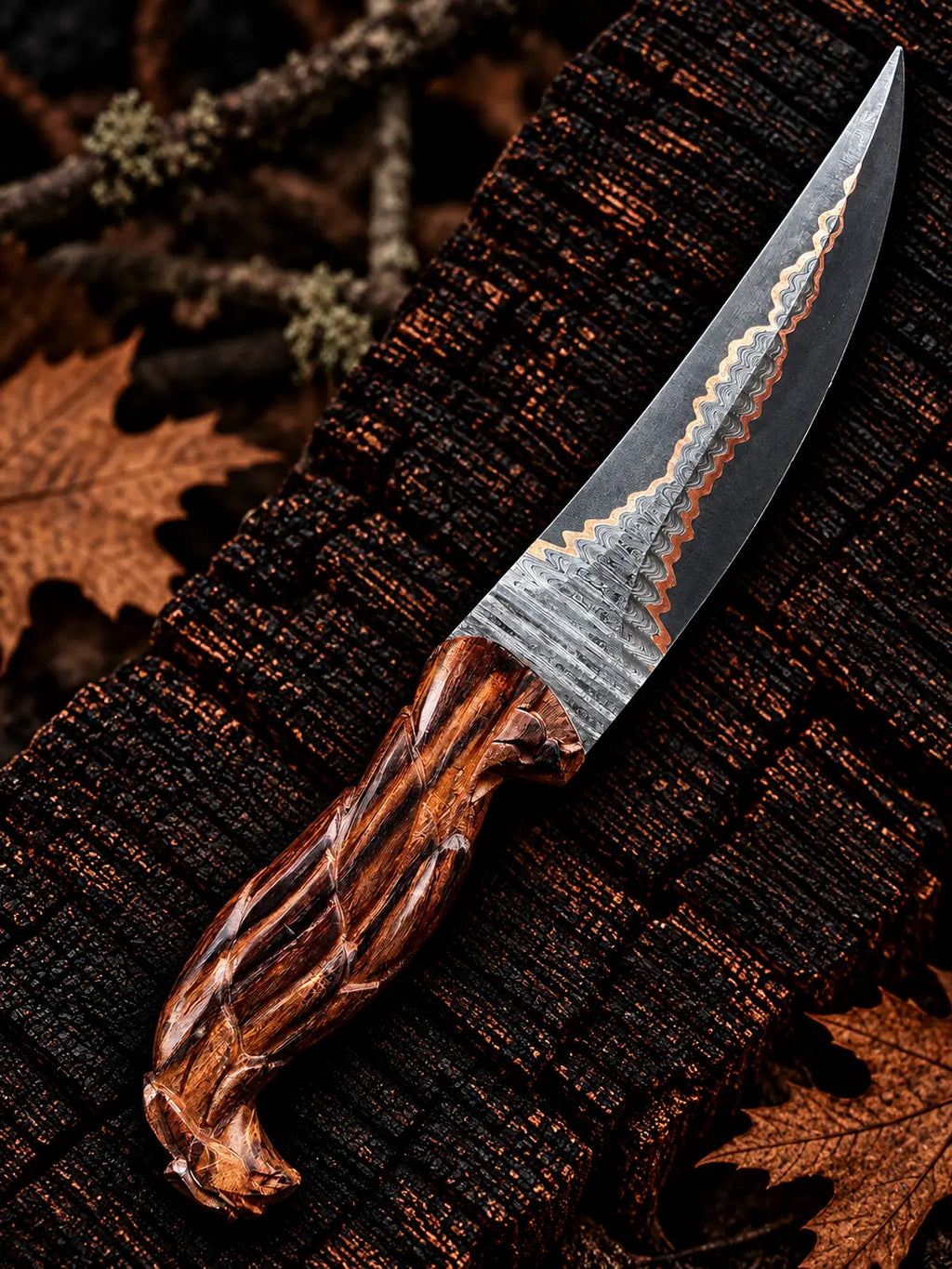Handmade eagle carved wood handle copper Damascus knife - angle 4