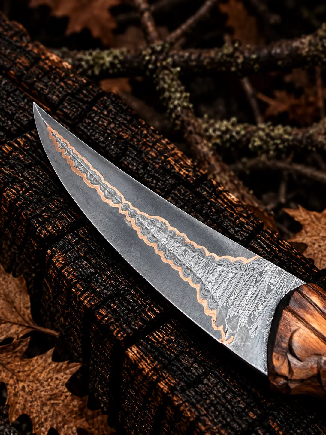 Copper Damascus knife with eagle handle and sheath - angle 5