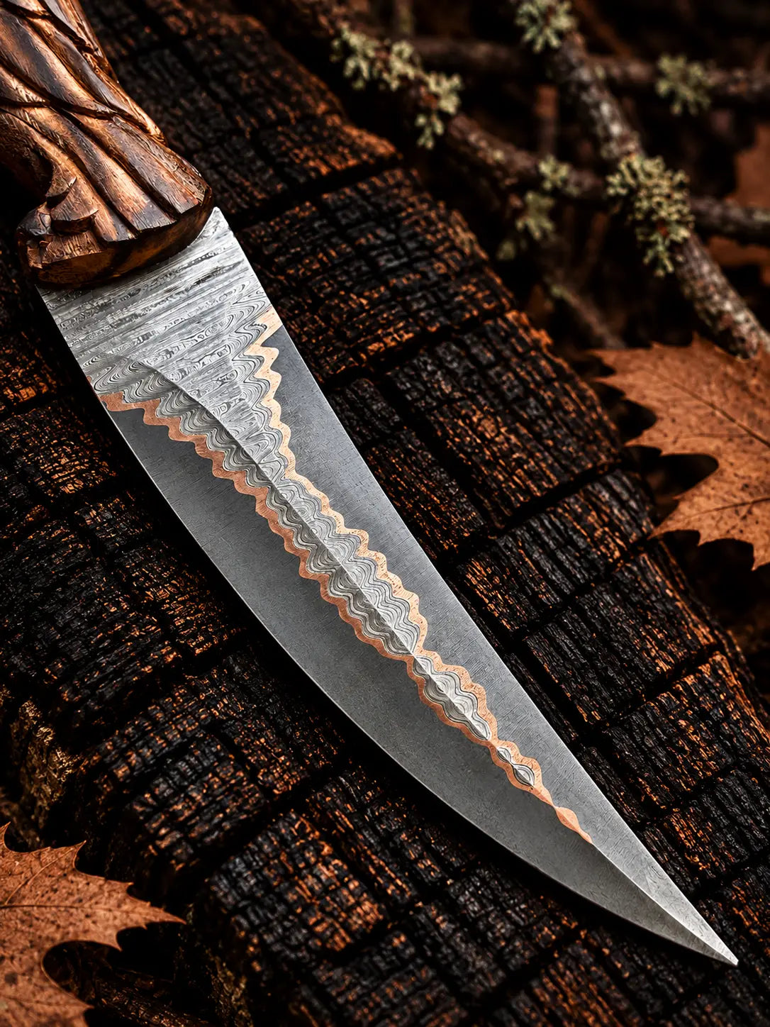 Handmade copper Damascus fixed blade knife - angle 6