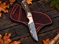Handmade copper Damascus skinner knife with stag horn handle and copper bolster - full view