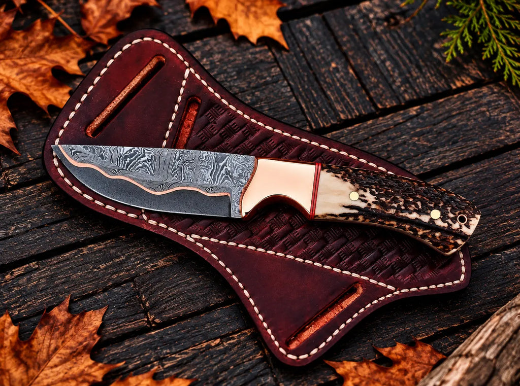 Copper bolster and stag horn handle detail on skinner knife