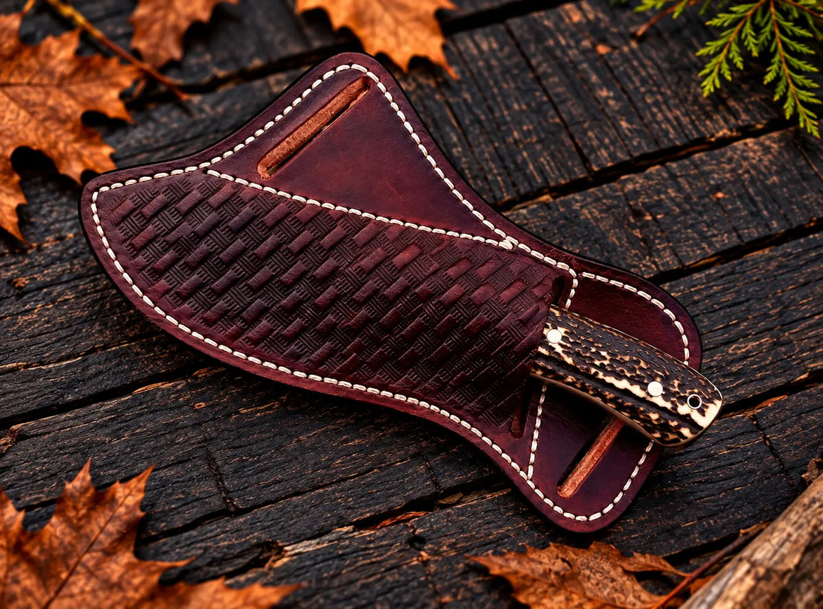 Hand-tooled burgundy leather sheath for copper Damascus skinner knife