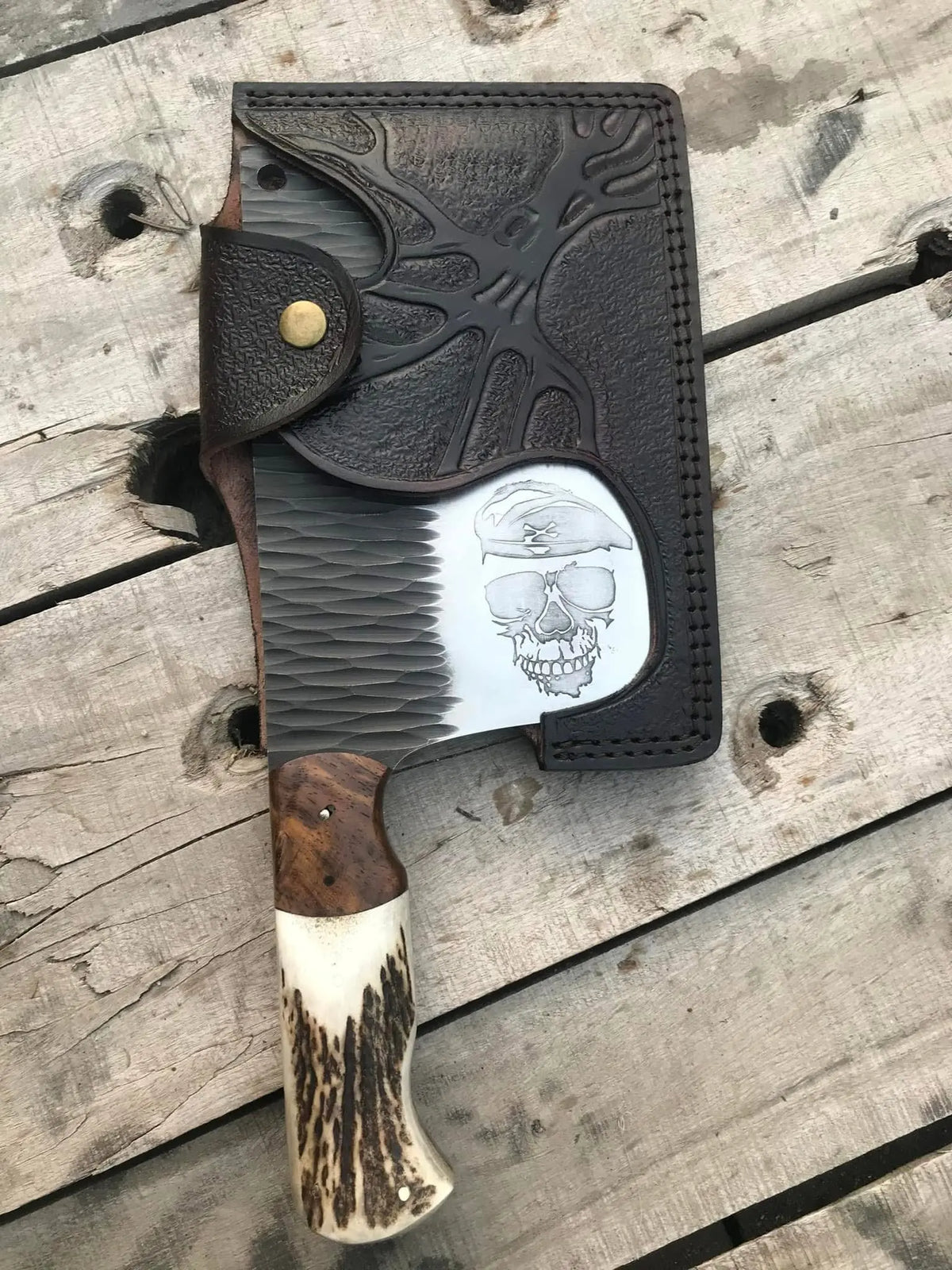 Hand-forged hammered black edge on D2 steel chopper knife