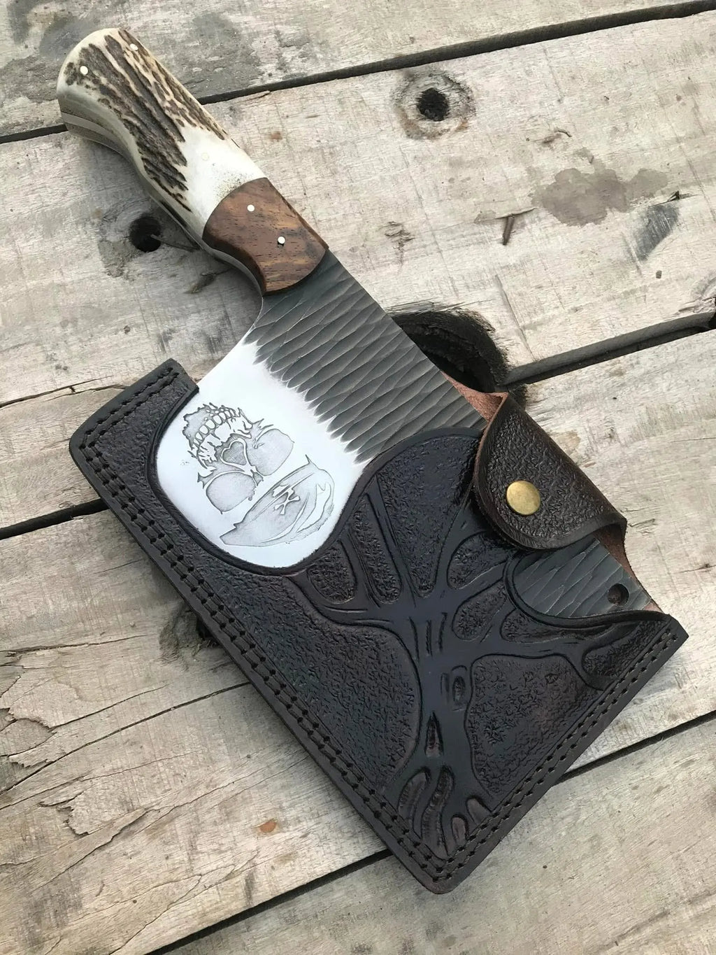 Wood bolster and stag horn handle with brass pins on chopper knife