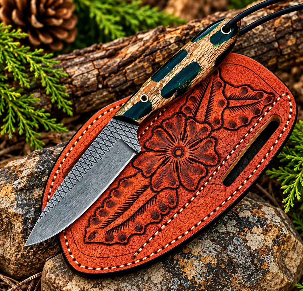 Handmade D2 steel cowboy knife with camo handle and tooled leather sheath - full view