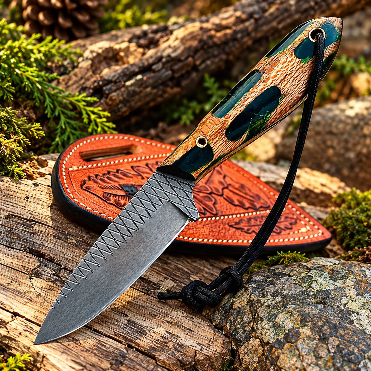 File-worked spine detail on D2 steel cowboy knife blade
