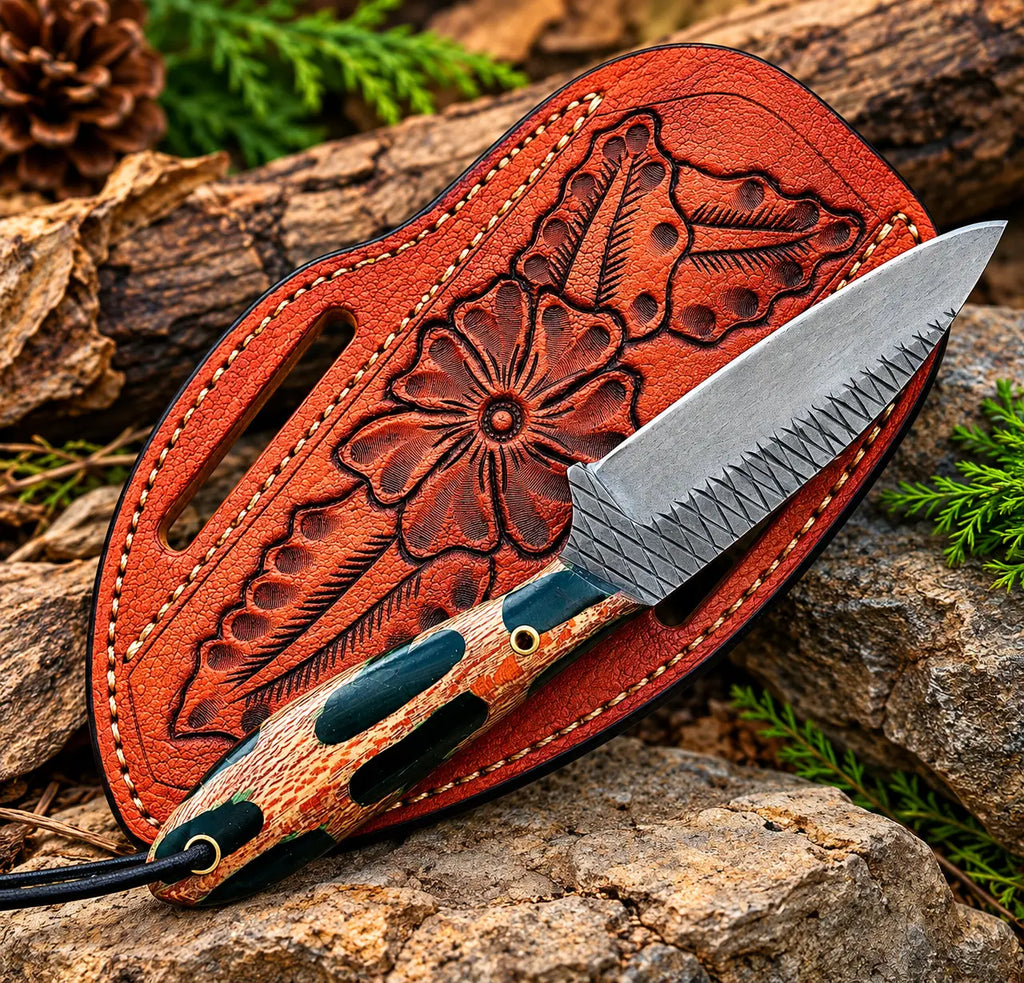 D2 steel cowboy knife with camo handle on rock background - side angle