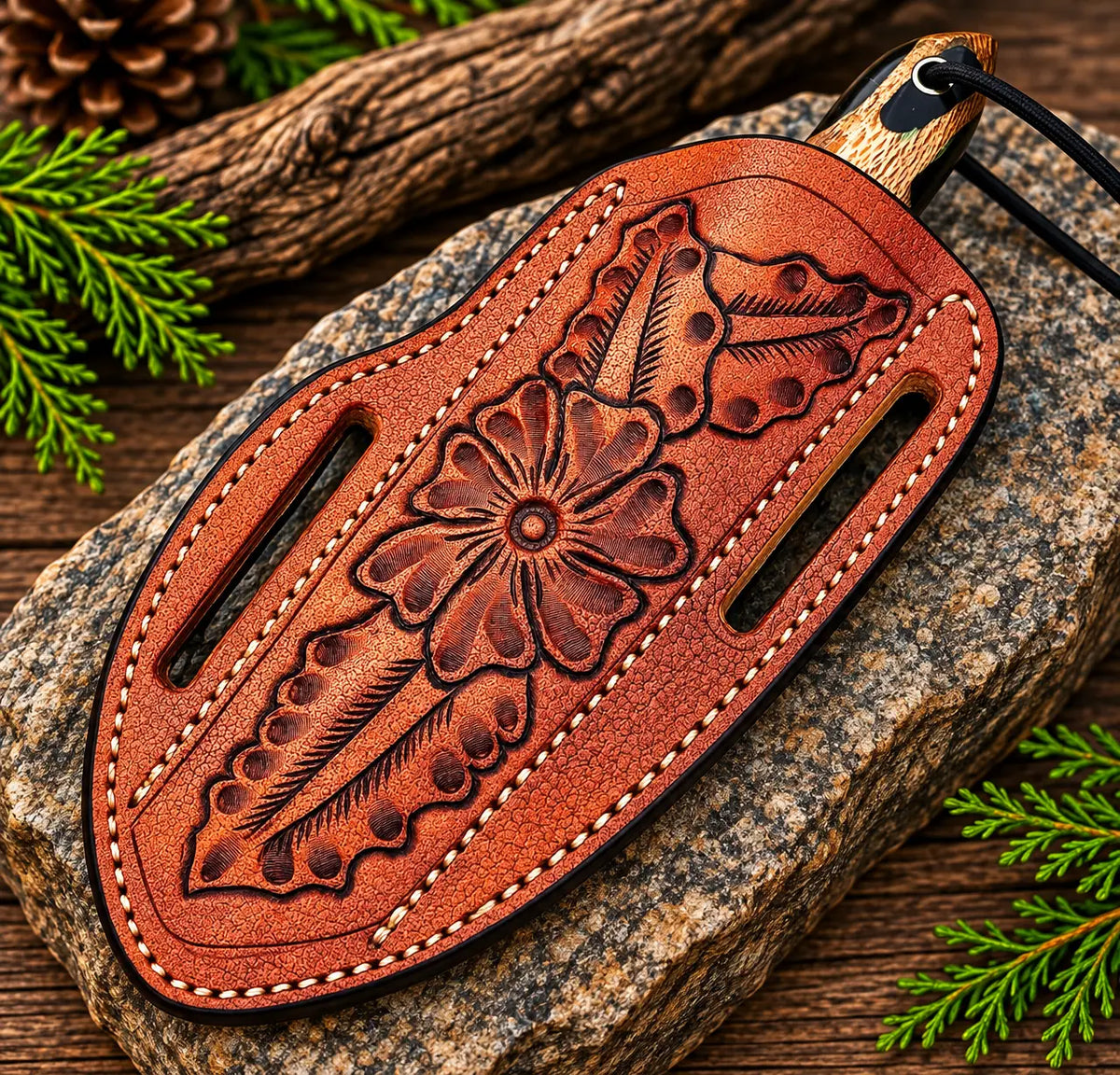 D2 steel cowboy knife with leather sheath - full length view