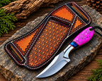 Handmade D2 steel cowboy knife with magenta crackle handle and tooled leather sheath - full view