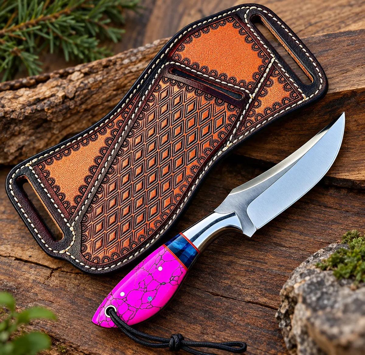 D2 steel drop point blade close-up on magenta crackle handle cowboy knife