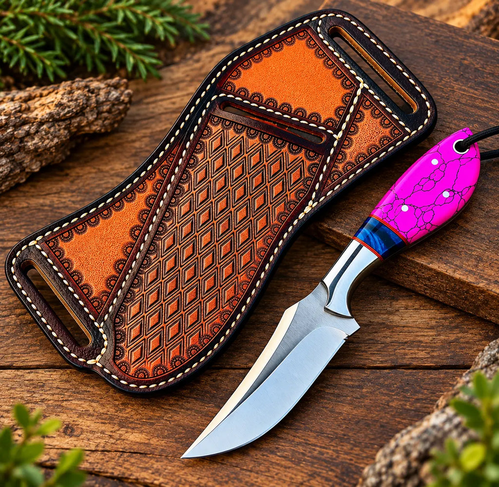 Magenta crackle pattern handle detail with blue resin spacer on cowboy knife